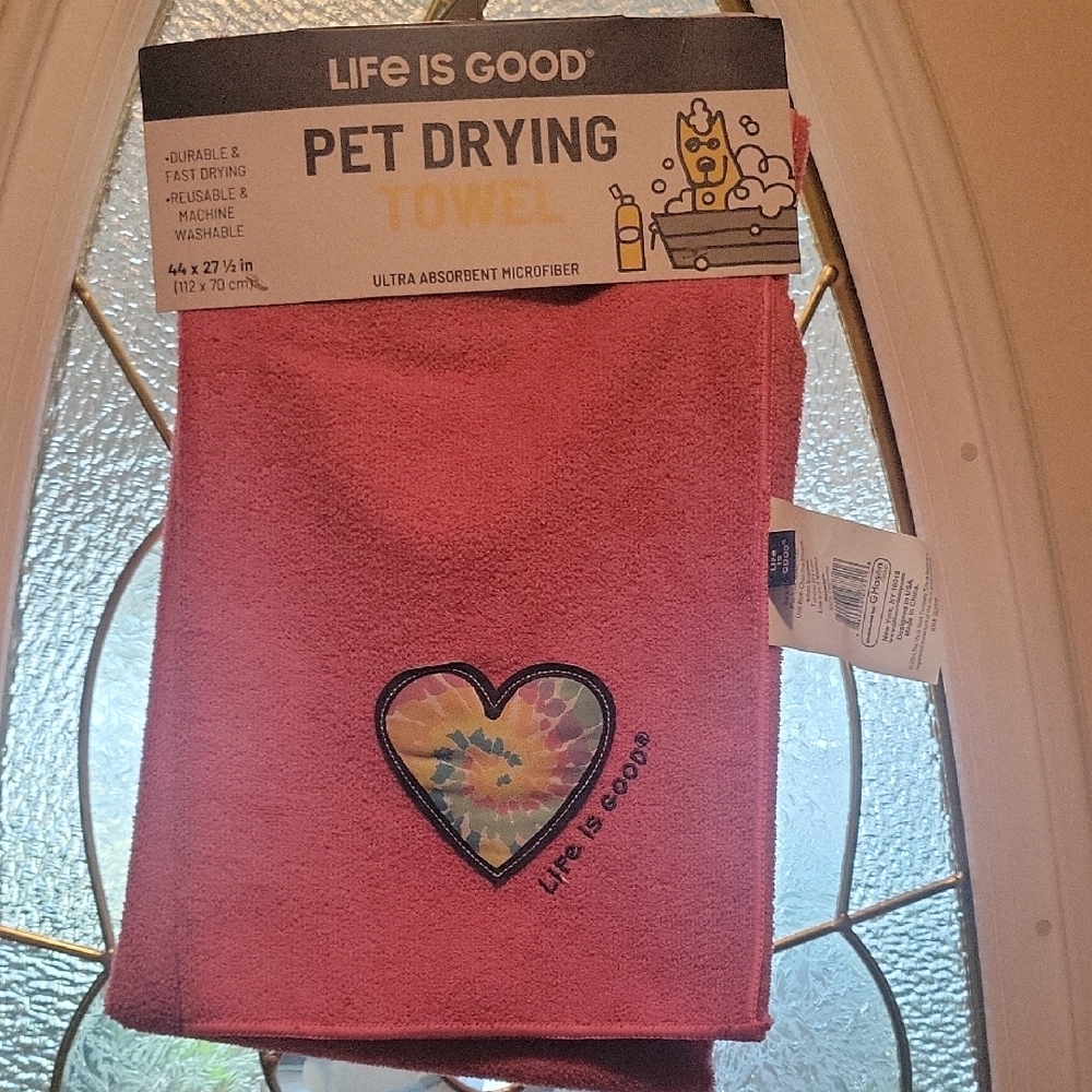 Life Is Good Pink Pet Drying Towel with Heart Design